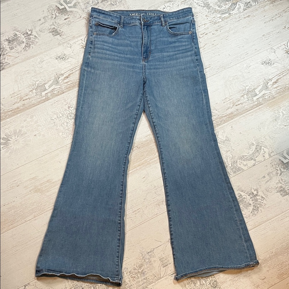 American Eagle Outfitters Medium Wash Super Hi Rise Flare Jeans 14 Regular